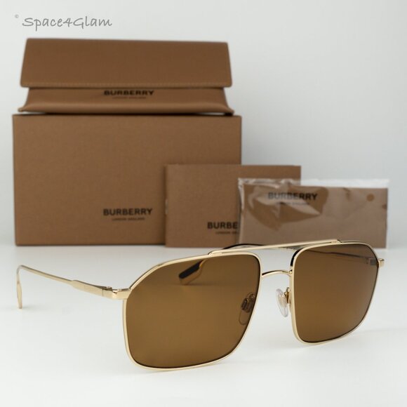 Burberry Women Sunglasses Gold Brown Polarized Rectangular BE3130 110983 NEW - Picture 4 of 10